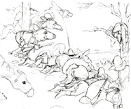 ‘Ambush’ Coloring Page of coyote rustlers ready to attack a ranch.